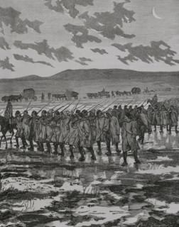 Russo-Turkish War (1877-1878). Turkish infantry column crossing the Dobrutscha swamps. Engraving by