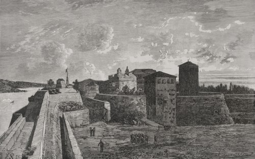Vidin, Bulgaria. Baba Vida Fortress. Engraving. ""La Guerra de Oriente"" (The Russo-Turkish War).