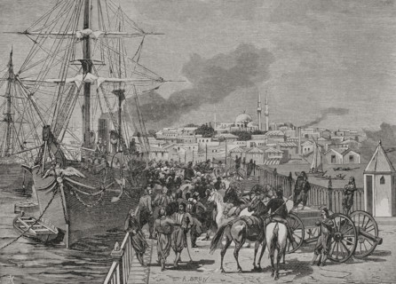 Russo-Turkish War (1877-1878). Embarkation of artillery on the Turkish ship Medjidie. Engraving by