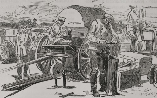 Russo-Turkish War (1877-1878). Russian camp. Field military workshop of the 9th Corps. Engraving by