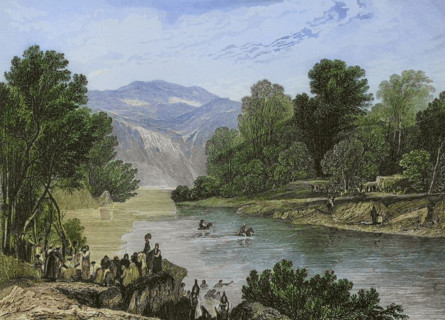 Banks of the Jordan River. Engraving by Aubert. Later colouration. ""La Tierra Santa y los lugares