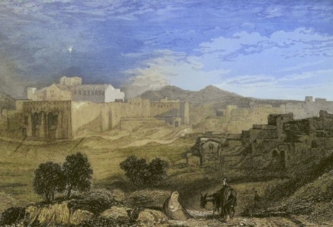 Bethlehem. General view. Engraving by Aubert. Later colouration. ""La Tierra Santa y los lugares