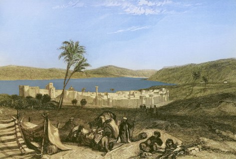 Tiberias and the Sea of Galilee. Engraving by Emile Rouargue. Later colouration. ""La Tierra Santa