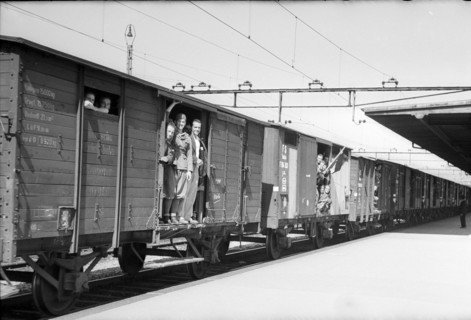 Internees leave Switzerland in a freight train; 1945