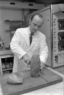 Bern, expert checks the quality of a loaf of bread; 1970