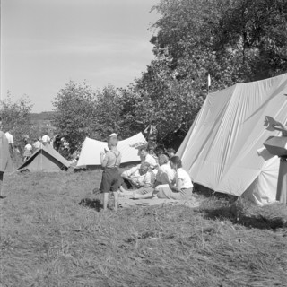Spectators at the air show, opening of ZurichKloten Airport in 1953