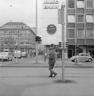 Pedestrians in front of Ako Bank in Zurich, 1956