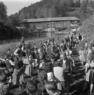 Children help move an old wooden bridge; 1952