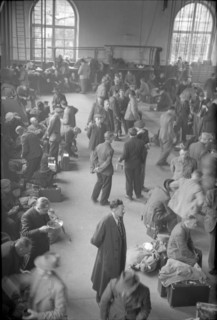 German internees waiting in the station hall. 1945