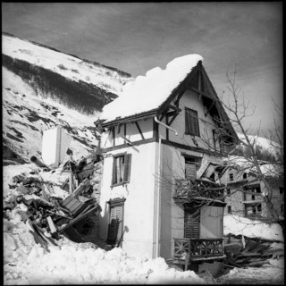 Vals, granary and pylon damaged by avalanche, 1951