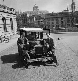 Two men with an old Ford on a European trip, 1949