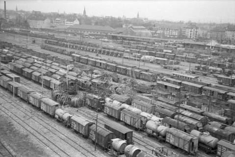 WW 2: Bomb airdrop, dropping; railroad shunting yard 'Wolf' Basle 1945.