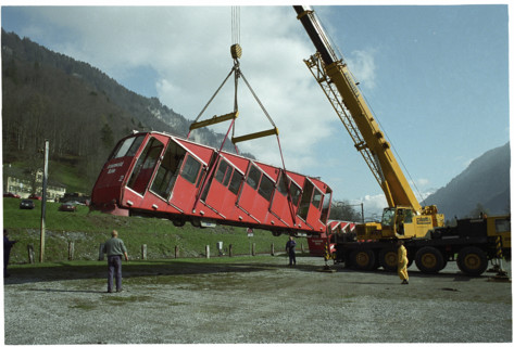 Crane lifting railway car, 1997.