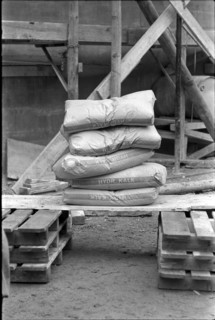 Bags of cement on building site 1969.