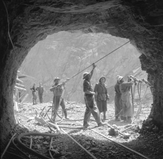 Miners drilling blasting holes, Limmernboden 1959.
