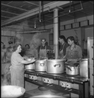 Refugees; kitchen; serving hatch; 1945.