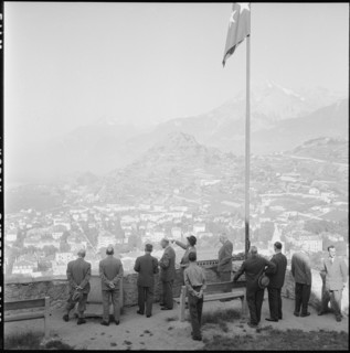 Federal councillors, viewpoint upside Sion, Valais; 1957.