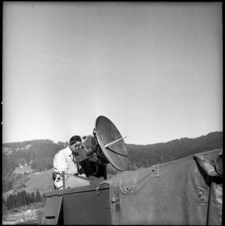 Soldier at radar antenna of fire control system, Studen 1959.