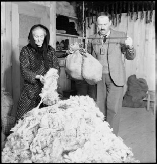 Man and woman weighing wool, 1945.