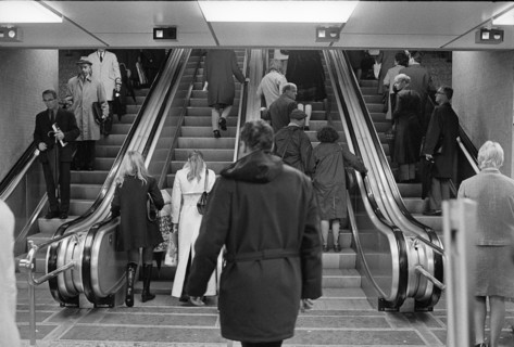 Moving stairs in the railway station passage «Shop Ville», 1970.