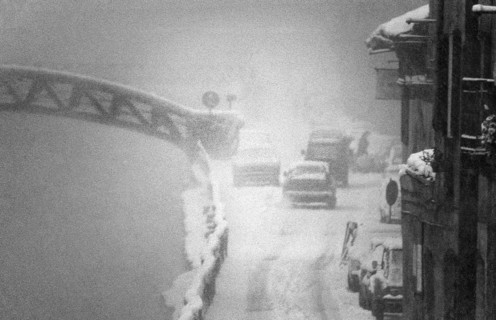 1975, Milan, Navigli winter with snow.