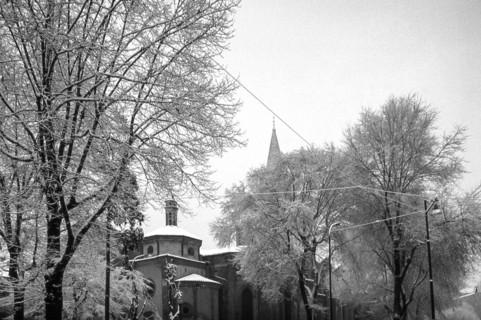 1975, Milan, Basilica of Saint Eustorgio  with snow.
