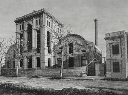 History of Spain. Barcelona, Catalonia. Exterior view of the industrial alcohols factory of Folch,