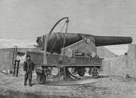 Armstrong 30.5 cm gun, mounted on la Soledad Bulwark. Cadiz, Andalusia, Spain. Engraving. La