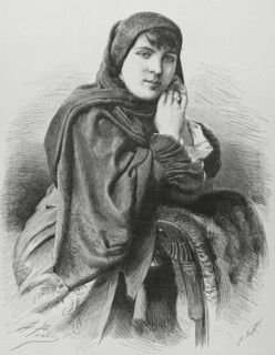 Chilean lady wearing dress for church. Drawing by Alfredo Perea. Engraving by Arturo Carretero
