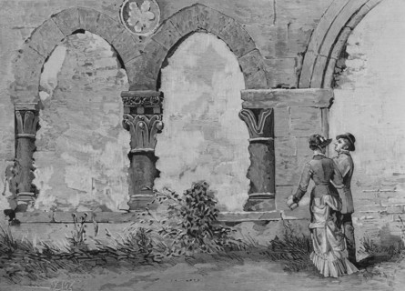 Spain, Burgos province, Castrillo del Val. Monastery of San Pedro de Cardena. Cloister. Drawing