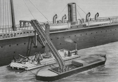 Floating coal elevator. Designed and constructed by James Rigg, a British engineer from Chester. It