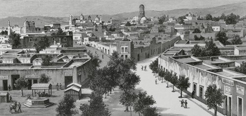 Queretaro, Mexico. Panoramic view of the city. Drawing by Nao. Engraving. La Ilustracion Espanola y