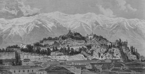 Santiago (Santiago de Chile), Chile. Santa Lucia Hill and snowy mountain range. Engraving. La