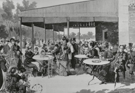 Madrid, Spain. Scene at Retiro Park, featuring elegantly dressed people enjoying the afternoon.