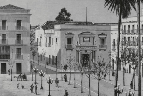 Jerez de la Frontera, Andalusia, Spain. Exterior view of the former Courthouse building. Engraving.
