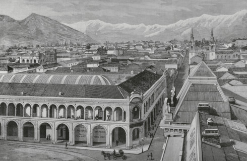 Santiago (Santiago de Chile), Chile. Partial view of the city and the nearby hills. 1: hill called