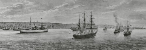 Port of Mahon (Port of Mao), Minorca, Balearic Islands, Spain. Ships anchored in front of the