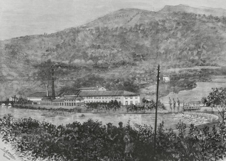 History of Spain. Tolosa, Basque Country. Exterior view of the paper mill ""La Guadalupe"", next to