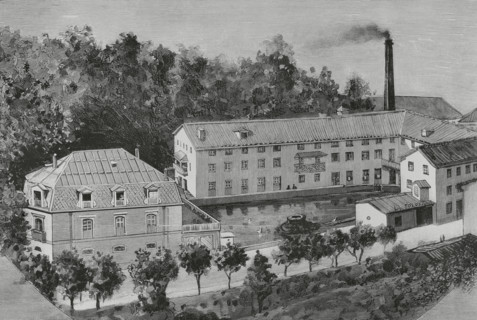 History of Spain. Tolosa, Basque Country. Exterior view of the paper mill ""La Tolosana"". Drawing