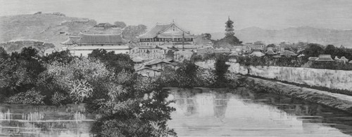 Fuzhou, Fujian province, China. View of the city wall and the landscape around the south gate.