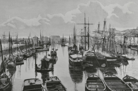 History of Spain. Gijon, Asturias. View of the port. Engraving by Bernardo Rico (1825-1894). The