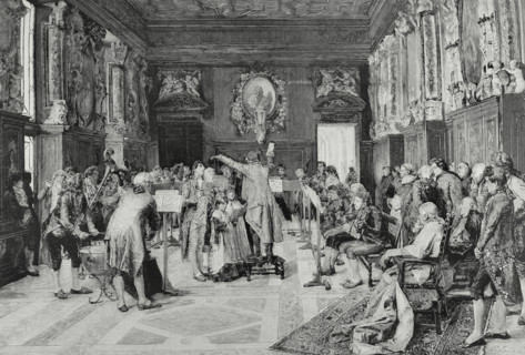 Rehearsal of an antiphon for full orchestra. Engraving by Severini after a painting by the Spanish