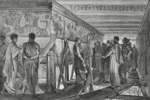 Phidias (490-425 BC). Sculptor of Ancient Greece. Phidias showing the frieze of the Parthenon to