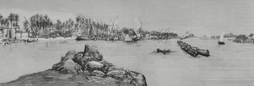 Aswan, Egypt. Entrance to the first cataract of the Nile river. Engraving by Bernardo Rico