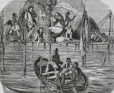 History of Cuba. Sponge fishermen's dwellings in Nuevitas Bay, Camaguey province. Engraving.