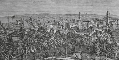 Guanabacoa, Cuba. General view of the town. Engraving by Traver. Cronica General de Espana,
