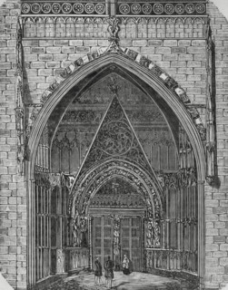 Palma, Mallorca, Balearic Islands, Spain. Cathedral. Mirador portal. Engraving. Cronica General de