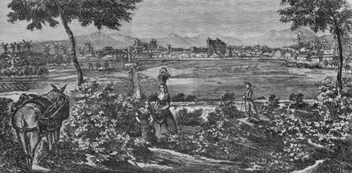 Manacor, Mallorca, Balearic Islands, Spain. View of the town with its typical windmills. Engraving