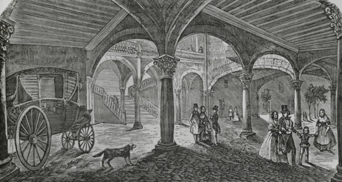 Palma, Mallorca, Balearic Islands, Spain. Courtyard of Can Vivot. Engraving. Cronica General de