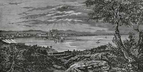 Palma, Mallorca, Balearic Islands, Spain. Panoramic view of the city. Engraving. Cronica General de